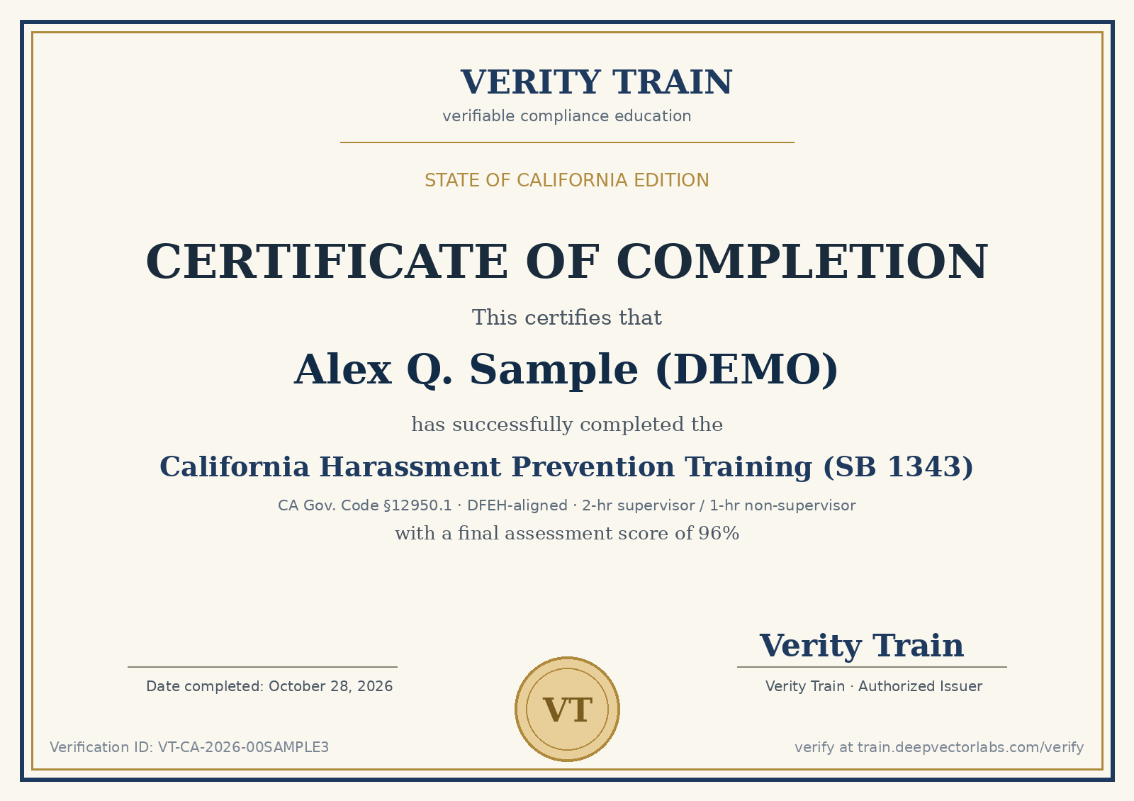 Sample California certificate of completion