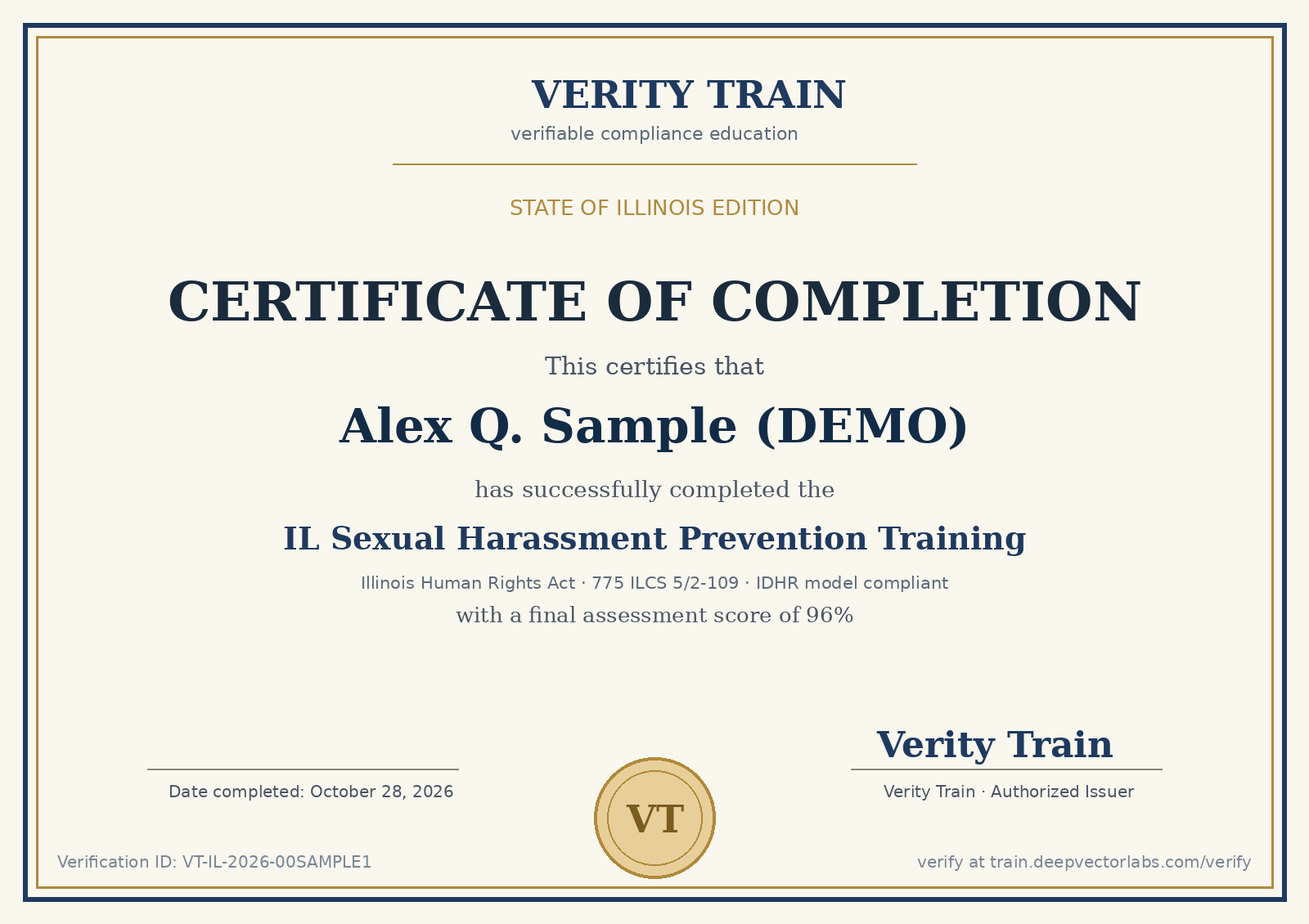 Sample Illinois certificate of completion