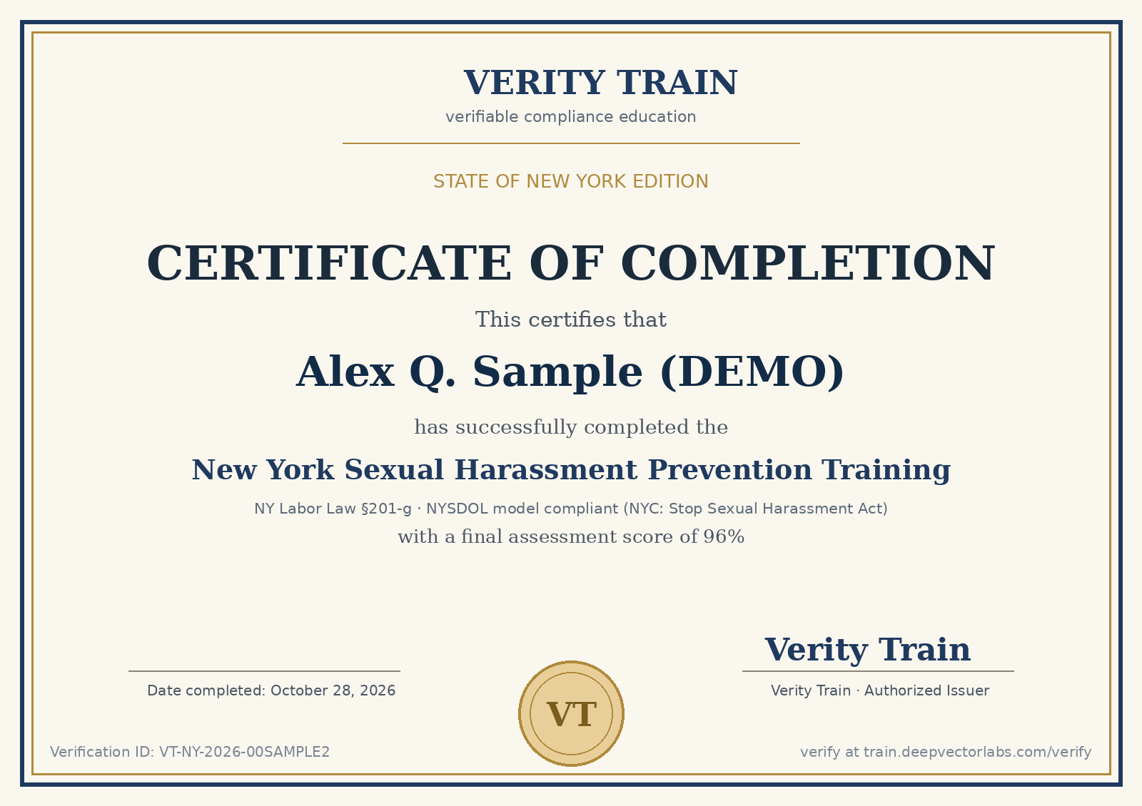 Sample New York certificate of completion